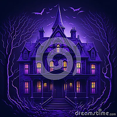 A violet halloween haunted house. generative AI Stock Photo