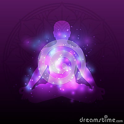 Violet meditation silhouette mandala with shiny effect Vector Illustration