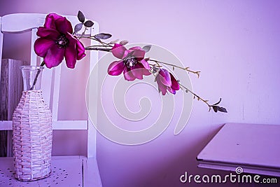 Violet orchid flowers in white vase in a retro home Stock Photo