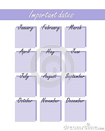Violet pattern. calendar with birthdays and other events in a minimalist form. Universal purple stylish calendar of important Stock Photo