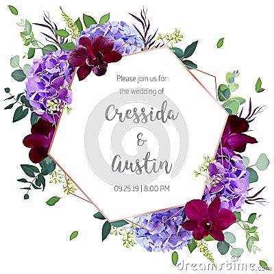 Violet and purple hydrangea, burgundy red orchid, seeded eucalyp Vector Illustration