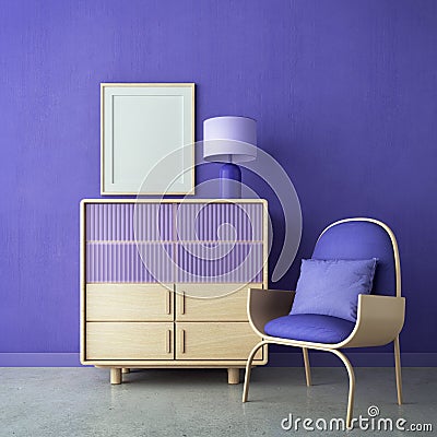 Violet room Very Peri.Chair,cabinet lamp and blank canvas.Modern design interior. Stock Photo