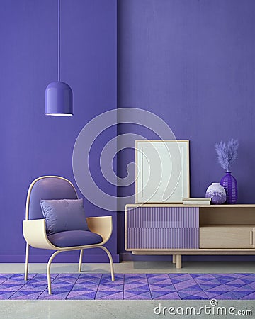 Violet room Very Peri.Chair,TV cabinet, lamp and blank canvas.Modern design interior. Stock Photo