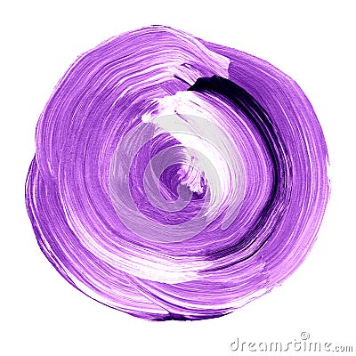 Violet royal lilac textured acrylic circle. Watercolour stain on white background. Stock Photo