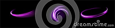 Violet shiny sparks of spiral wave. Curved bright speed line swirls. Shiny wavy path. Rotating dynamic neon circle. Magic golden Vector Illustration