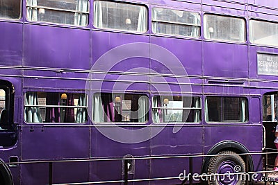 The violet three-decker Knight Bus Warner Bros. Studios, London, UK , Making of Harry Potter Studio Tour Editorial Stock Photo