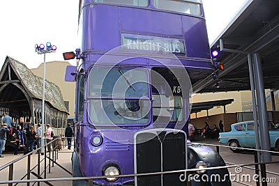 The violet three-decker Knight Bus Warner Bros. Studios, London, UK , Making of Harry Potter Studio Tour Editorial Stock Photo