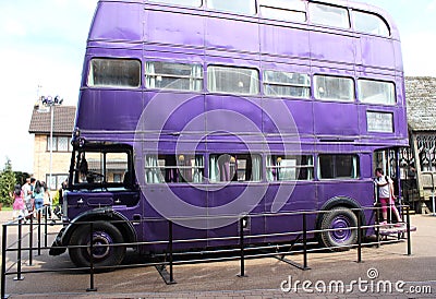 The violet three-decker Knight Bus Warner Bros. Studios, London, UK , Making of Harry Potter Studio Tour Editorial Stock Photo