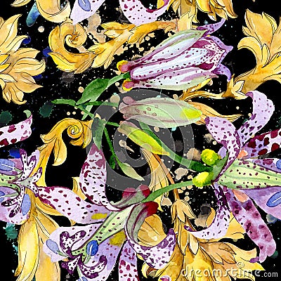 Violet tricyrtis floral botanical flowers. Watercolor background illustration set. Seamless background pattern. Cartoon Illustration