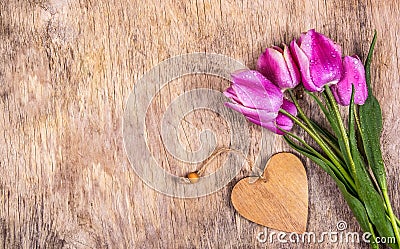Violet tulips and wooden heart. Copy space. Wooden background and tulips Stock Photo