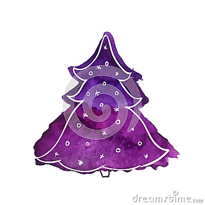 Violet watercolor christmas tree. Vector illustration isolated on white background. Vector Illustration