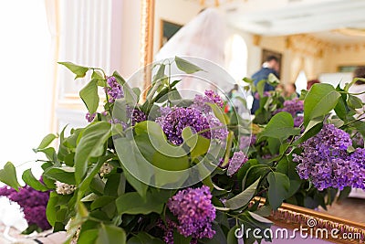 Violet wedding decoration with flowers of lilac Stock Photo