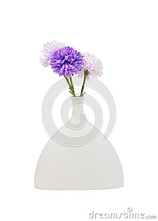 Violet and white flowers in trendy vase. Modern posy, floral bouquet isolated on white background Stock Photo