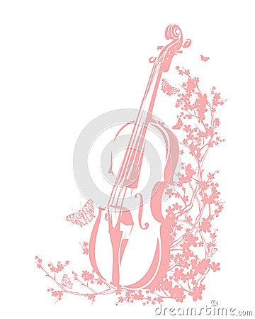 Violin and blooming sakura flowers vector silhouette decor Vector Illustration