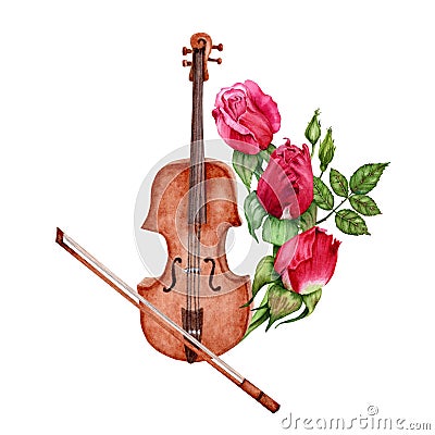 Violin with Bow decorated with Red Roses. Classical Music composition. Watercolor illustration isolated on white background. Cartoon Illustration