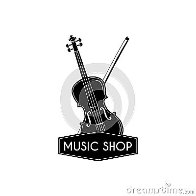 Violin. Bow. Music shop. Musical store label logo. Musical instrument. Vector. Vector Illustration