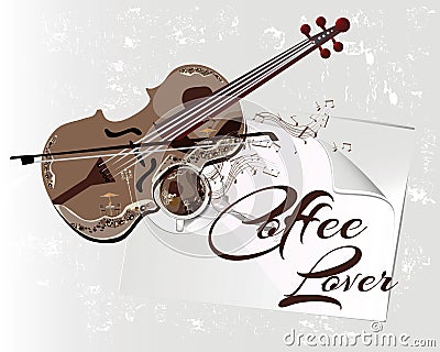 Violin and a coffee of cup for a coffee lover. Vector Illustration