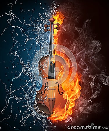 Violin on Fire and Water Stock Photo