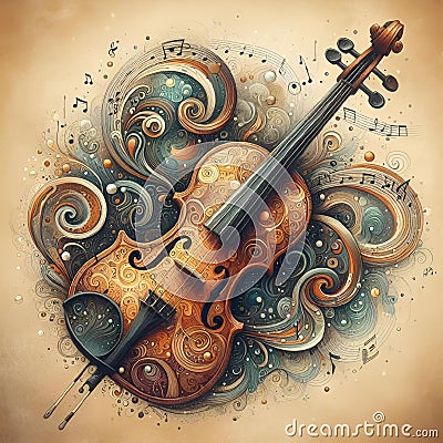 a violin that has been painted on top of some swirling material Cartoon Illustration