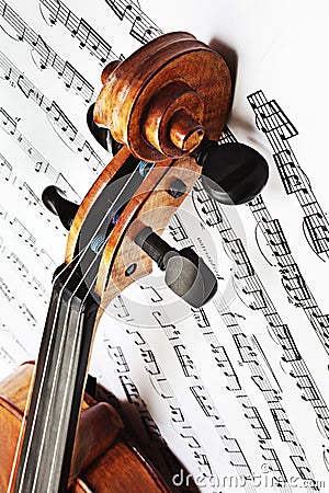 Violin with music sheet. Violin notes. Stock Photo