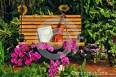 Violin and musical note on bench Stock Photo