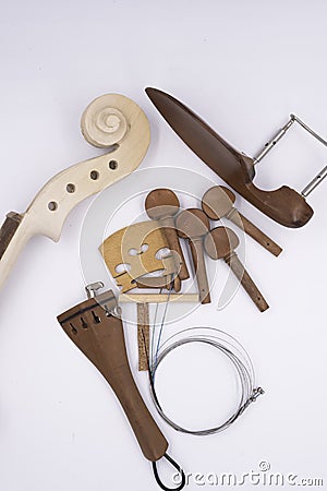 Violin parts put on white background Stock Photo