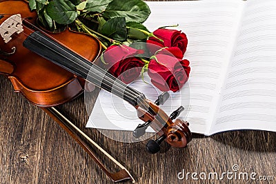 Violin, rose and music books Stock Photo