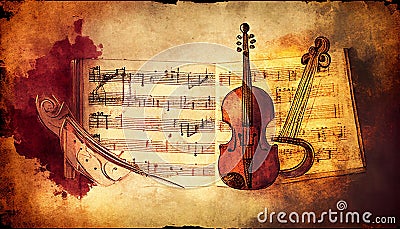 Violin and sheet music score book background with an abstract vintage distressed retro texture Cartoon Illustration