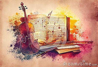 Violin and sheet music score book background with an abstract vintage distressed retro texture Cartoon Illustration