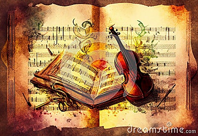 Violin and sheet music score book background with an abstract vintage distressed retro texture Cartoon Illustration