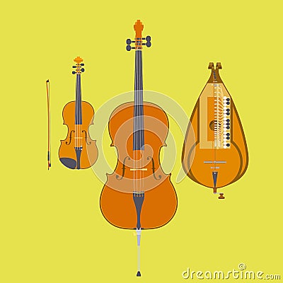 Violin, Violin Bow, Cello and Hurdy-Gurdy Vector Illustration