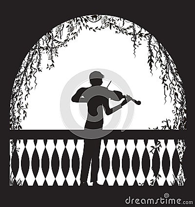 Violinist in the arch balcony with curl vines and plant, romantic melody character, silhouette, shadows, Vector Illustration