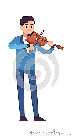 Violinist performance. Classic male musician with violin plays melody, stringed musical instrument, acoustic music show Vector Illustration