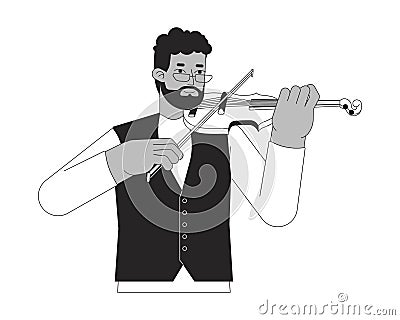 Violinist playing with violin bow black and white 2D line cartoon character Vector Illustration