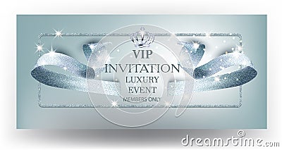 VIP blue beautiful invitation card with curly textured ribbon and crown. Vector Illustration