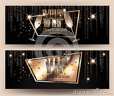 VIP gold banners with serpentine and glasses of champagne. Vector Illustration