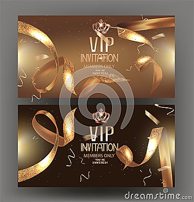 VIP invitation banner with curly golden ribbons with circle pattern and frame. Vector Illustration