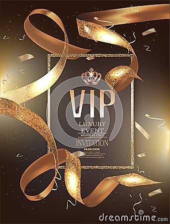 VIP invitation banner with curly golden ribbons with circle pattern and frame. Vector Illustration