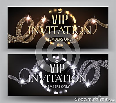 VIP Invitation banners with curly ribbons and shiny light garland frame. Vector Illustration