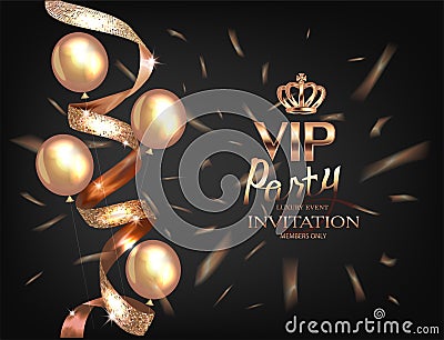 VIP invitation card with realistic beautiful curly gold ribbon and confetti and air balloons. Vector Illustration