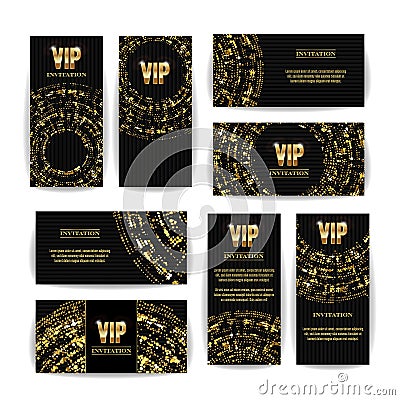 VIP Invitation Card Vector Set. Party Premium Blank Poster Flyer. Black Golden Design Template. Decorative Vector Background. Eleg Vector Illustration