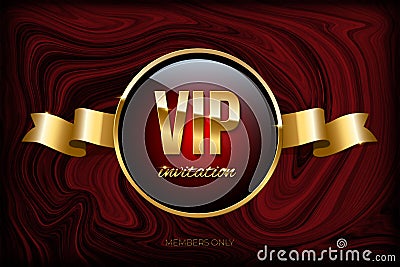 VIP invitation design template. Vector golden ribbon and VIP invitation text on dark red marble texture. Vector Illustration