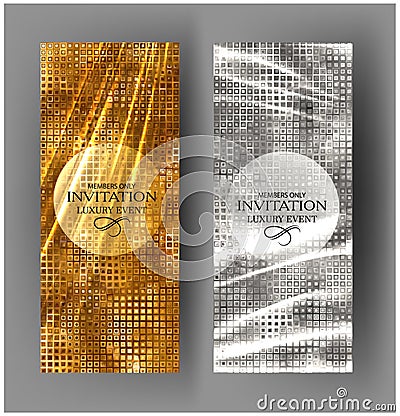 VIP invitation gold and silver cards with pleated sparkling fabric. Vector Illustration