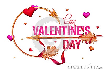 Valentine`s Day card with gold hearts and arrows with ribbons. Vector Illustration