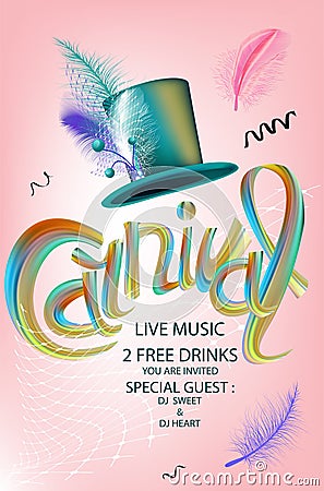 Carnival colorful lettering, hat and feathers. Vector Illustration