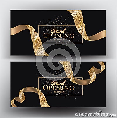Grand opening banners with golden textured ribbons Vector Illustration