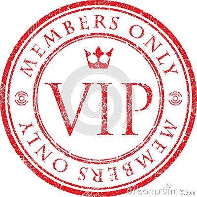 VIP. Members only. Red vector grunge style rubber stamp with crown. Vector Illustration