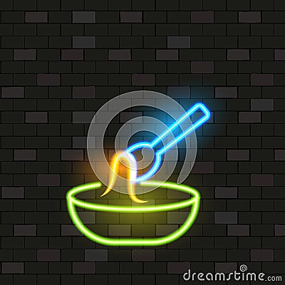 Vip Neon Icons. Night Bright Signboard, Glowing Light Banner. Neon Chinese Noodle Soup On Dark Brick Wall. Neon Lighting Vector Illustration