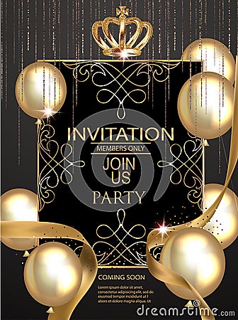 VIP party elegant banner with golden design elements and air balloons. Vector Illustration