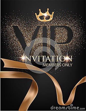 VIP party elegant banner with golden ribbons, dust and crown. Vector Illustration